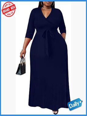 Plus Size Maxi Dress - Floral 3/4 Sleeve Belted Long Dress